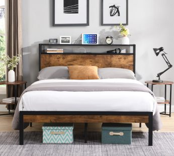 Queen Size Metal Platform Bed Frame with Wooden Headboard and Footboard with USB LINER, No Box Spring Needed, Large Under Bed Storage, Easy Assemble