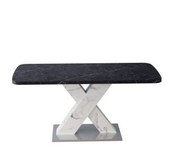Modern Square Dining Table,Stretchable,Printed Black Marble Table Top+MDF White X-Shape Table Leg with Metal Base