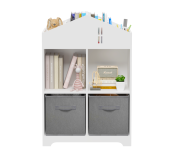 Kids Dollhouse Bookcase with Storage, 2-Tier Storage Display Organizer, Toddler Bookshelf with 2 Collapsible Fabric Drawers for Bedroom or Playroom (White/Gray)