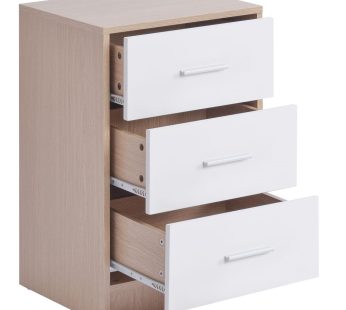 Bedside Table Storage Cabinet Chest of Drawers, 3 Drawers With Metal Handles and Runners, Unique Fixed Backplane White and Oak Bedroom Furniture
