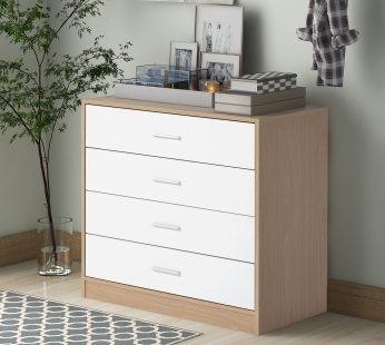 Bedside Table Storage Cabinet Chest of Drawers, 4 Drawers With Metal Handles and Runners, Unique Fixed Backplane White and Oak Bedroom Furniture