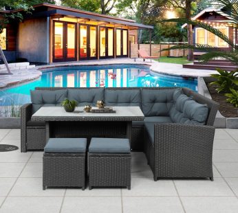 6-Piece Patio Furniture Set Outdoor Sectional Sofa with Glass Table, Ottomans for Pool, Backyard, Lawn (Black)