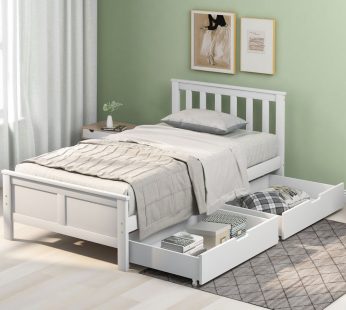 Wooden Solid White Pine Storage Bed with Drawers Bed Furniture Frame for Adults, Kids, Teenagers 3ft Single (White 190x90cm)