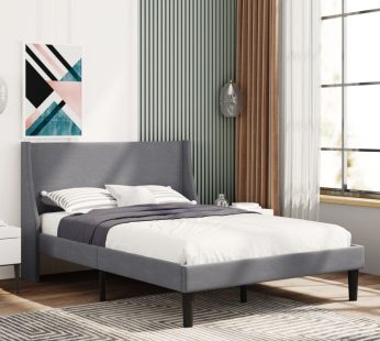 Double Bed Soft Linen Grey 4FT6 Upholstered Bed with Winged Headboard, Wood Slat Support