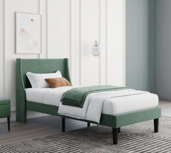 Single Bed Velvet Dark Green 3FT Upholstered Bed with Winged Headboard, Wood Slat Support