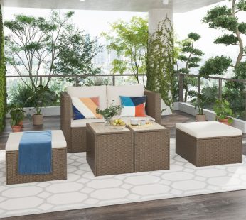 Outdoor 6-Piece Garden Furniture Set, PE Wicker Rattan Sectional Sofa Set with 2 Tea Tables, Brown Wicker+Beige Cushion