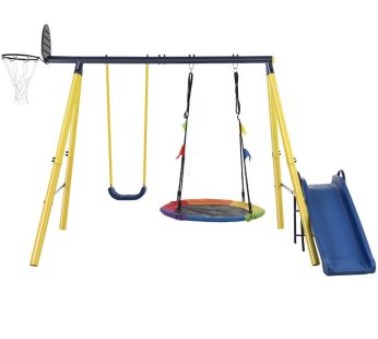 Kids Swing set with Metal Frame, Nest tree Swing, Plastic Single Swing, Basketball Hoop, Slide, Backyard Playground Outdoor Play Frame Toy for children, Over 3 Years Old，Yellow