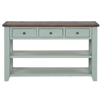 Solid Pine Wood Top Console Table, Modern Entryway Sofa Side Table with 3 Storage Drawers and 2 Shelves. Easy to Assemble (Green+ Brown Top)