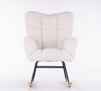 Mid Century Modern Teddy Fabric Tufted Upholstered Rocking Chair Padded Seat For Living Room Bedroom,Ivory White