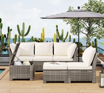 6-Piece Outdoor Sofa Set, PE Wicker Rattan Sofa with 2 Corner Chairs, 2 Single Chairs, 1 Ottoman and 1 Storage Table, All-weather Conversational Furniture, Beige