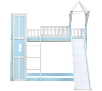Children’s Bunk Bed Frame with Slide & Ladder, Bunk Bed for Kids with Ladder and Slide (Blue, 90x190cm)