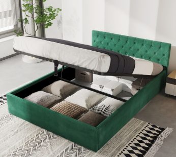 Upholstered bed, with hydraulic lever, functional bed from storage, 135 x 190 cm, without mattress, velvet, green