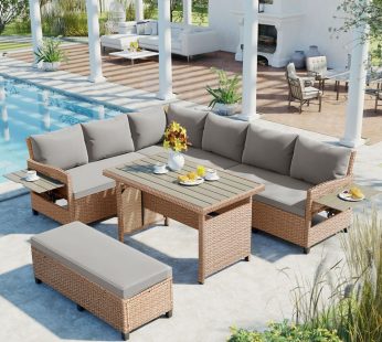 5-Piece Outdoor Patio Rattan Sofa Set, Sectional PE Wicker L-Shaped Garden Furniture Set with 2 Extendable Side Tables, Dining Table and Washable Covers for Backyard, Poolside, Indoor, Brown