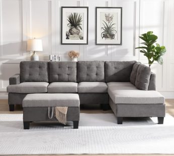 Sofa Set for Living Room with Chaise Lounge and Storage Ottoman Living Room Furniture Gray