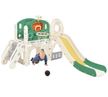 Children’s combo slide, Features a long slide, storage box, tunnel. stair ladder, basketball hoop and passage area.Toddler slide. Easy Assembly and Convenient Storage. High-Quality Materials-HDPE.