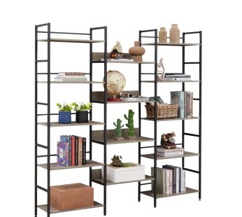 Triple Wide 5-shelf Bookshelves Industrial Retro Wooden Style Home and Office Large Open Bookshelves, Grey