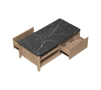47 Inch Modern Farmhouse Double Drawer Coffee Table for Living Room or Office , Tobacco Wood and Marble Texture