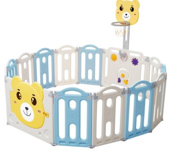 12+2 pieces baby playpen, foldable playpen with basketball hoop (148×146 cm), children’s playground with bear cartoon pattern, safety locking door catch and non-slip rubber base, indoor and outdoor