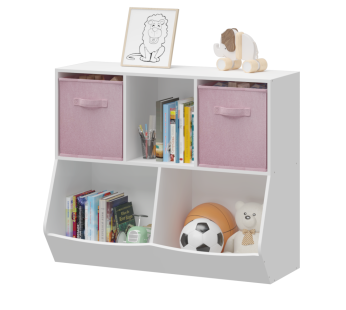 Kids Bookcase with Collapsible Fabric Drawers, Children’s Toy Storage Cabinet for Playroom, Bedroom, Nursery, School, White/Pink