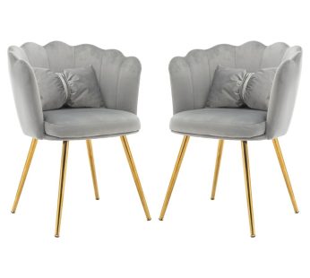 Modern Velvet Living Room Armchair, Tub Chair Comfy Upholstered Accent Chair, with Petal Back & Gold Plating Metal Legs & Butterfly Pillow for Bedroom/Dining Room/Vanity/Cafe (Grey, Set of 2)