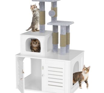 Cat Tree with Cat Litter Box Enclosure, Hidden Cat Washroom Furniture with Divider, Large Wooden Cat House with Cat Tree Condo, Sisal Scratching Post, and Soft Plush Perch Platform