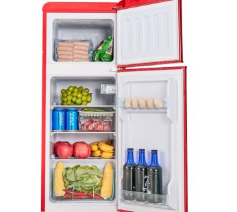 4.5 cu. ft. Dual Zone Refrigerator, 3.3 Fridge + 1.2 cu. ft. 4-Star Freezer, 7 Temperature Settings, 45 dB, Red, Silver Handles, LED Lighting, Adjustable Shelves, 16.69″ x 17.52″ x 40.08″