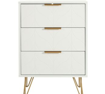White 3 Drawer Chest of Drawers, Geometric Cabinets with 2 Carved Front Drawers End Table, Bedroom/Living Room/Salon/Office, Mid End Accent Table (1PC, White)