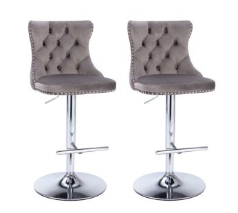 Set of 2 Swivel Velvet Bar Stools,Modern Upholstered Chrome Base Bar Chair with Comfortable Tufted Back for Dining Room Pub Kitchen Island,Adjustable Seat Height from 63-85cm,Steel Footrest&Base, Grey