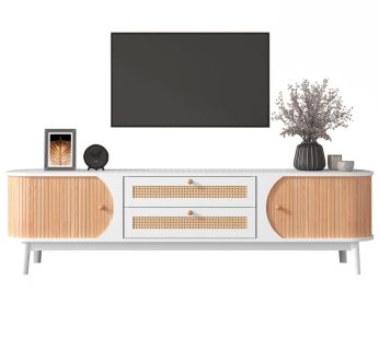 TV Cabinet-Natural Wood color Blend TV board with Doors and Drawers. TV stand with rattan drawers, Storage solution, natural country house style