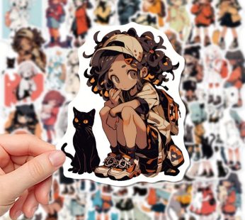 50pcs Girls And Cats Pattern Cartoon Stickers Personality Creative Two-dimensional Girl Decoration For Laptop Computer Water Cup Guitar Suitcase Hand Account Stickers