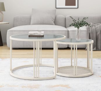 Multifunctional Cream Coffee Table Set of 2 – Longhorn glass table top, fashionable and light luxury style