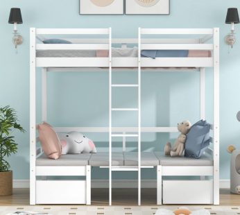 Functional Loft two Drawers, Twin Bedframe turn into Upper Bed and Down Desk, Bunk Bed with Adjustable Tables, Cushion Sets are Free for Bedroom, Dorm, Children Kids, White (90x190cm)