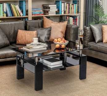 Glass living Room Coffee Table Black Modern Rectangle With Lower Shelf (Black-100CM)