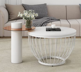 Round Coffee Table, Modern Coffee Table Set of 2 Melamine veneer desktop with Metal Frame Tempered Glass, Small Side Table, End Table for Living Room, Bedroom, Home Office, Farmhouse, Brown and white