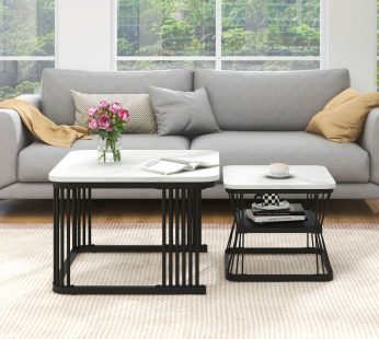 Nest of 2 Tables Square Coffee Table Coffee Table Set Nesting Sofa Table Multi-functional End Side Table Nesting Tables with Black Metal Frame Legs and Marble Pattern White Top for Living Room Home
