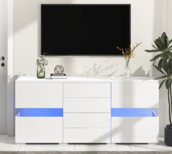 High Gloss White Sideboard Display Cabinet with LED Lights, Modern 3-Door Wood Buffet Cupboard Storage Unit with Remote Control for Kitchen Living Room Dining Room Hallway