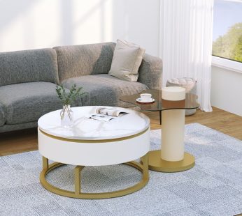 Two-piece nesting coffee table in white – Versatile design with marble look and glass surface, 360° swivelling, high-gloss body