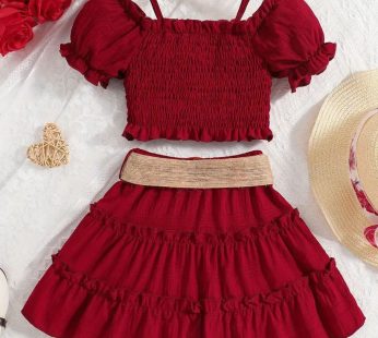 Girls Elegant Cute Cami Off Shoulder Ruffled Top & Skirt Set For Summer Holiday Beach Party