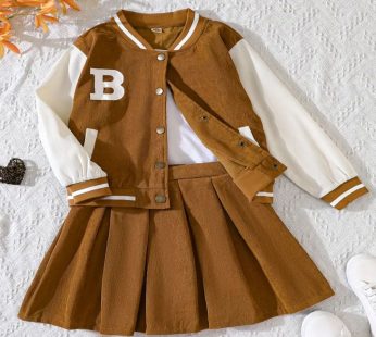 Girls’ Chic 2-Piece Corduroy Outfit – Buttoned Baseball Jacket & Pleated Skirt with Letter B Print – Perfect for Casual Spring/Autumn Wear, Fit for 13-14Years
