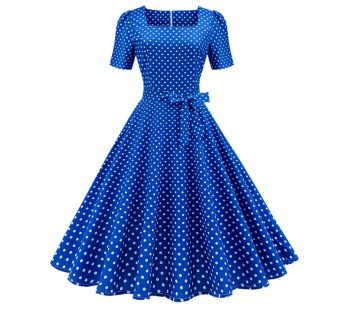 Summer Vintage Chic Polka Dot Dress – Elegant Square Neck, Knee-High with Belt, Breathable Cotton Blend – Easy Care